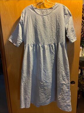 Ladies Blue Striped Seersucker Dress